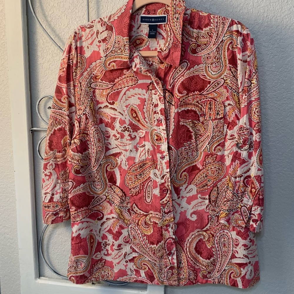 Karen Scott Red and Pink Paisley Shirt